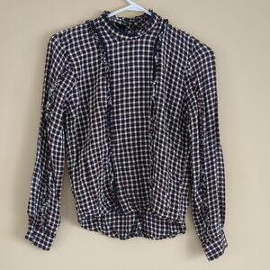Size 2 Topshop Plaid Ruffle Button Up Back Long Sleeve Shirt Top